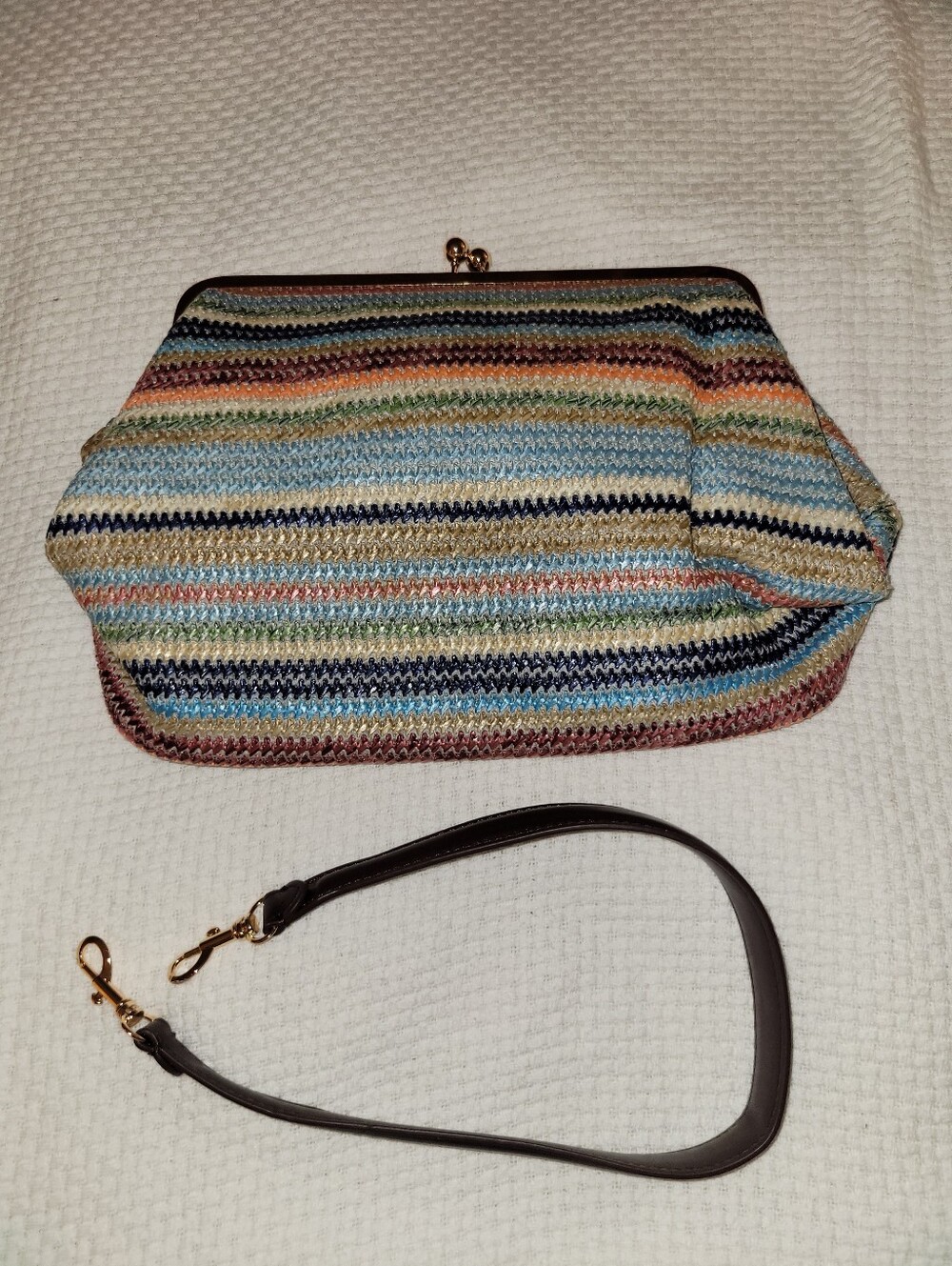 Multicolor Striped Woven Frame Clutch with Removable Strap